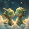 A loving couple of cute cartoon green dragons