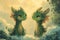 A loving couple of cute cartoon green dragons