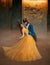 loving couple is dancing at fairy ball. Happy beauty woman fantasy princess in yellow dress and guy is enchanted beast