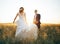 Loving couple in the field of wheat in the sunset