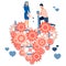 A loving couple, the former repairing a broken heart. Work for family relationships. In minimalist style. Cartoon flat