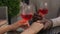 Loving couple holding hands relaxing in cafe with wine glasses on table, date
