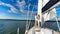 Loving Couple Hugging Standing On Boat Deck Having Date Outdoors