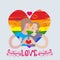 Loving couple kissing pair of boys gay on heart in rainbow colo