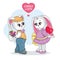 Loving couple. A lovely and cute Teddy Bunny. Valentine`s day postcard. Children`s cartoon illustration with white rabbits.