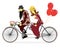 Loving couple man and woman on bicycles with balloons. Romantic