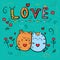 Loving couple mice. The sweet love`s feeling. Card of a Valentine`s Day. Lettering Love. Feast of Love. Vector illustration