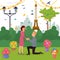 Loving couple park, man makes offer to his beloved girlfriend, gives ring and offers to marry him, cartoon vector
