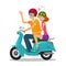 Loving couple riding scooter. Journey, travel concept. Cartoon vector illustration