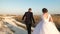 Loving couple runs down the road holding hands. Bride and groom happy family concept. newlyweds wedding adventure. bride
