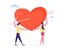 Loving Couple Share Huge Red Heart Pierced with Cupid Arrow. Human Relations, Love, Romantic Dating