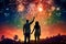 Loving couple silhouetted against evening fireworks, with copy space. Ideal for festive occasions and holiday cards.
