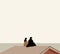 Loving couple is sitting on the roof of the house. Cartoon Couple Sit on Building Rooftop Vector Illustration. Boy Girl Dating min