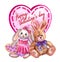 A loving couple of toy hares on the background of a heart