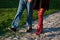 Loving couple walking on the stone path