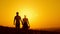 Loving couple - young man and beautiful girl walking at sunset meadow - silhouette, slow-motion