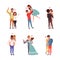 Loving Couples of Man and Woman Embracing, Kissing and Dancing Vector Set