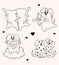 Loving dogs. Collection romantic pets with heart and cute hugging dogs. Vector illustration. Isolated Outline drawings
