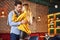 Loving everything about her. Beautiful young couple are hugging in a restaurant