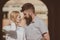 Loving everything about her. Sensual woman and bearded man enjoy romantic date. Feeling love and romance. Couple in love