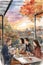 loving family enjoy thanksgiving lunch at the table with view, illustration