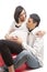 Loving Family Peaceful Dreaming Caucasian Couple with Pregnant Wife Woman Interacting While Sitting While Touching Belly Embraced