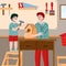 Loving father builds a birdhouse with his son, cartoon vector illustration.