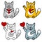 Loving funny cats on hind legs for greeting card design t-shirt, print or poster. Colored cats with hearts waving paw or greets. F