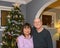 Loving husband and wife posing in front of their Christmas tree in Saint Louis, Missouri