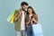 Loving indian couple using nice shopping mobile app, copy space