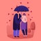 Loving Man and Woman Dating. Happy Couple Hugging, Holding Hands, Walking under Umbrella in Rainy Autumn Weather