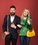 Loving their new style. Couple in love in fashionable style. Fashion couple of woman and bearded man. Enjoying