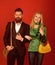 Loving their new style. Couple in love in fashionable style. Fashion couple of woman and bearded man. Enjoying