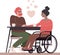 Loving valentine couple. Girl with disability in wheelchair and her boyfriend having date in a cafe