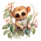 Loving Watercolor Baby Tarsier Clinging to Tree Branches Surrounded by Jungle Flowers AI Generated
