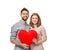 Loving young couple holding fabric heart on white background. Celebration of Saint Valentine\'s Day