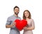 Loving young couple holding fabric heart on white background. Celebration of Saint Valentine\\\'s Day