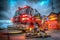 Low-angle of a 3D rendered ladder truck and fire station at dusk with fire fighters' gear