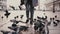 Low angle female tourist legs with camera walking on San Marco square with flock of pigeons in Venice, Italy slow motion