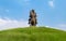 Low angle front view of Warrior Bhai Baaj Singh statue sitting on horse against sky in the background. historical concept