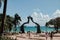 Low-angle of Mayan portal at Fundadores park in Playa del Carmen, Quintana Roo, Mexico