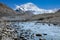 LOW ANGLE: Murky river flows across the rocky foothills of snowy Mount Everest.