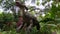 Low Angle Perspective Robot of Parasaurolophus, Herbivora dinosaur, from north america and canada at artificial forest