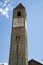 Low angle shot of the bell tower of the San Donato and Grato church in Brovello-Carpugnino, Italy