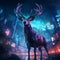 low-angle shot of a Caribou adorned in vibrant Synthwave shades, set against a backdrop of glowing city lights by AI generated