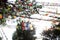 Low angle shot of colorful festive flags hung on wires with green trees in the background