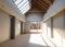 low-angle shot of an empty yoga studio with a large skylight overhead (AIgen)