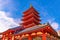 Low angle shot of the five-story pagoda of Senso-ji in Tokyo Japan against a blue sky