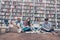 Low angle shot of four international clever bookworms students i