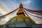 Low angle shot of the historic Boudhanath Stupa Roof in Kathmandu, Nepal